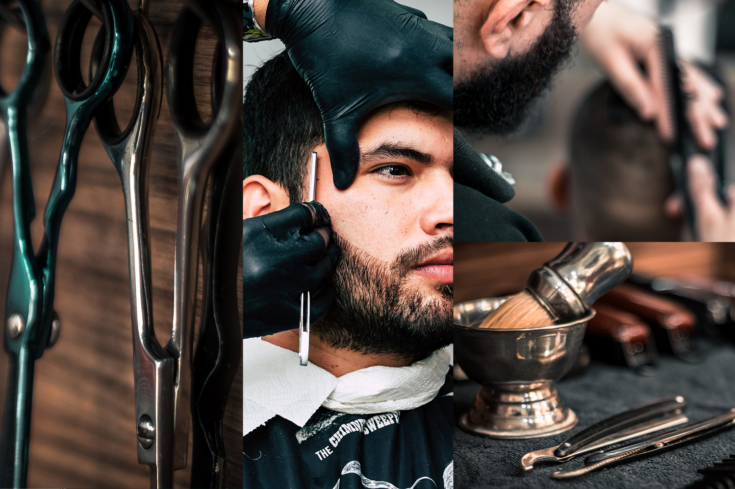 a collage of different barbering pictures including scissors, shaving supplies, a man cutting hair